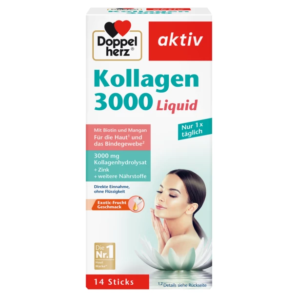 Допелхерц актив Колаген 3000 Liquid Кутия на „Допелхерц актив Колаген 3000 Liquid“ – 14 течни стик-сашета с 3000 mg колагенов хидролизат в доза, обогатени с цинк, биотин и манган; вкус „екзотични плодове“; прием само 1 път дневно, директно без вода.