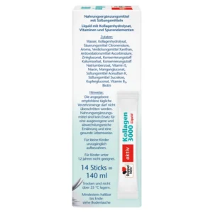 Страна на кутията „Допелхерц актив Колаген 3000 Liquid“, показваща пълен списък на съставките (вода, колагенов хидролизат, лимонена киселина, аромат, ксантан, аскорбинова киселина, цинков глюконат, калиев сорбат, натриев бензоат, витамини Е и B2, ниацин, манганов лактат, подсладители ацесулфам К и сукралоза, меден глюконат, биотин), както и указания: да не се превишава дозата; не замества балансираното хранене; пазете от деца; не е подходящо за деца под 12 г.; 14 стика = 140 ml; съхранение на сухо под 25°C; срок на годност – на дъното.