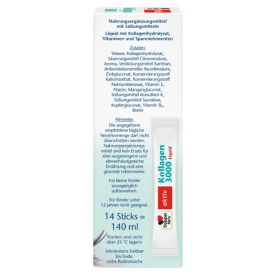 Страна на кутията „Допелхерц актив Колаген 3000 Liquid“, показваща пълен списък на съставките (вода, колагенов хидролизат, лимонена киселина, аромат, ксантан, аскорбинова киселина, цинков глюконат, калиев сорбат, натриев бензоат, витамини Е и B2, ниацин, манганов лактат, подсладители ацесулфам К и сукралоза, меден глюконат, биотин), както и указания: да не се превишава дозата; не замества балансираното хранене; пазете от деца; не е подходящо за деца под 12 г.; 14 стика = 140 ml; съхранение на сухо под 25°C; срок на годност – на дъното.