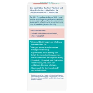 Страничен панел на „Допелхерц актив Колаген 3000 Liquid“: 1 стик съдържа 3000 mg колагенов хидролизат + подбрани витамини и микроелементи; приятен плодов вкус; приема се бързо и директно, без течност. Акценти: цинк и биотин подпомагат поддържането на нормална кожа; манган – нормалното образуване на съединителна тъкан; мед – поддържане на съединителната тъкан и нормална пигментация на кожата; витамини B2, E и цинк – защита на клетките от оксидативен стрес; ниацин – роля в енергийния метаболизъм.