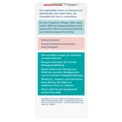 Страничен панел на „Допелхерц актив Колаген 3000 Liquid“: 1 стик съдържа 3000 mg колагенов хидролизат + подбрани витамини и микроелементи; приятен плодов вкус; приема се бързо и директно, без течност. Акценти: цинк и биотин подпомагат поддържането на нормална кожа; манган – нормалното образуване на съединителна тъкан; мед – поддържане на съединителната тъкан и нормална пигментация на кожата; витамини B2, E и цинк – защита на клетките от оксидативен стрес; ниацин – роля в енергийния метаболизъм.