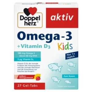 Кутия Допелхерц актив Омега-3 + Витамин D3 за Деца – 27 дъвчащи гел-таблетки. Съдържа 180 mg Омега-3 (от които 60 mg DHA) и 5 μg витамин D3. За прием само 1 път дневно, с ягодово-цитрусов вкус. Подходящо за деца.