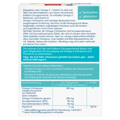 Задната страна на опаковката „Doppelherz aktiv Omega-3 + Vitamin D3 Kids“: обозначения без лактоза и глутен, текст за ползите от омега-3 при децата и витамин D за имунитет и костен растеж; съвет продуктът да се консумира охладен. Таблица „Състав на 1 дъвчаща гел-таблетка“: концентрат от рибено масло 300 mg, от които EPA 18 mg и DHA 60 mg; витамин D3 5 μg (100% NRV).