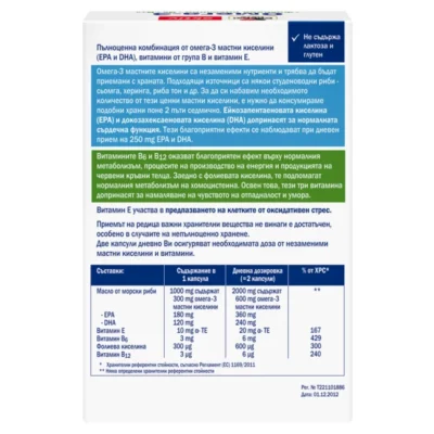 Етикет на Doppelherz aktiv Омега-3 + Фолиева киселина + B6 + B12 – таблица със състав: 1000 mg рибено масло с 180 mg EPA и 120 mg DHA на капсула, Vit E 6 mg, фолиева к-на 200 µg, Vit B6 1,4 mg, Vit B12 2,5 µg; дневна доза 2 капсули.