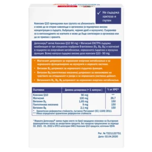 Задна страна на кутията „Допелхерц актив Коензим Q10 90 mg + Магнезий EXTRA“ с обозначение „Не съдържа лактоза и глутен“, описание на действието на магнезия и витамините B1/B5/B6, и таблица на 1 капсула: коензим Q10 – 90 mg, магнезий – 100 mg, витамин B1 – 1,4 mg, витамин B6 – 1,6 mg, пантотенова киселина (вит. B5) – 2,1 mg; прием 1 капсула дневно.