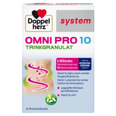 Кутия Doppelherz system OMNI PRO 10 – „Гранули за пиене“, 10 сашета. Акценти: „8 милиарда бактерии от 10 щама“, „подходящо при прием на антибиотици“, витамини B2 и C, икона „Gastro-Protect Technology“.