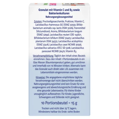 Задна страна на опаковката Doppelherz system OMNI PRO 10 – гранули с витамин C и B2 и пробиотични култури; състав и указания за прием на немски.