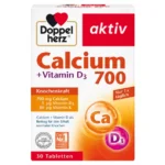Кутия на „Допелхерц актив Calcium 700 + Vitamin D3 + K“ – хранителна добавка с 700 mg калций, 5 μg витамин D3 и 80 μg витамин K в 1 таблетка; прием веднъж дневно; 30 таблетки.
