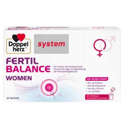 Кутия на „Допелхерц систем Фертил Баланс за Жени“ – хранителна добавка на сашета с 2000 mg мио-инозитол, витамин B6 за регулиране на хормоналната активност, 600 μg фолиева киселина, 200 mg магнезий, 200 mg L-карнитин и 50 μg селен; вкус малина–нар; 30 сашета.