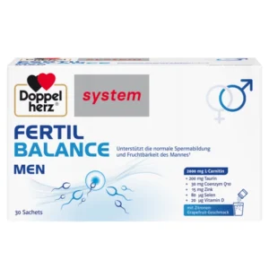 Кутия на „Допелхерц систем Фертил Баланс за Мъже“ – хранителна добавка на сашета; 2000 mg L-карнитин, 200 mg таурин, 30 mg коензим Q10, 15 mg цинк, 80 μg селен, 20 μg витамин D; вкус лимон–грейпфрут; 30 сашета.