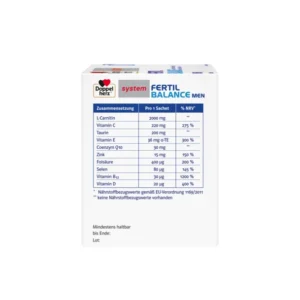 Задна страна на кутията „Допелхерц систем Фертил Баланс за Мъже“ с таблица: L-карнитин 2000 mg; витамин C 220 mg (275% NRV); таурин 200 mg; витамин E 36 mg α-TE (300% NRV); коензим Q10 30 mg; цинк 15 mg (150% NRV); фолиева киселина 400 µg (200% NRV); селен 80 µg (145% NRV); витамин B12 30 µg (1200% NRV); витамин D 20 µg (400% NRV). Опаковка 30 сашета.