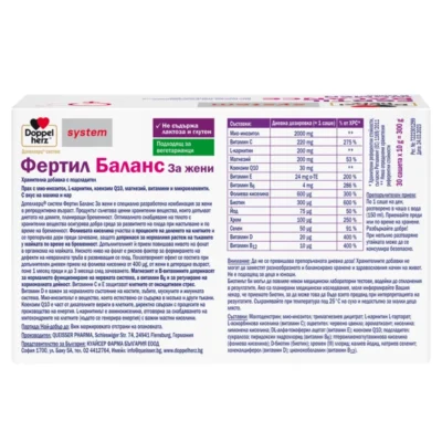 Задна/странична страна на кутията „Допелхерц систем Фертил Баланс за Жени“ на български: обозначения „Не съдържа лактоза и глутен“ и „Подходящ за вегетарианци“, описание на продукта, начина на прием (1 саше дневно, разтворено във вода), таблица със състава и % NRV, предупреждения и данни за производителя; опаковка 30 сашета.