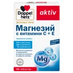 Кутия на „Допелхерц актив Магнезий с витамини C + E“ – хранителна добавка с 250 mg магнезий, 180 mg витамин C и 30 mg витамин E; прием 1 таблетка дневно; опаковка 30 таблетки.