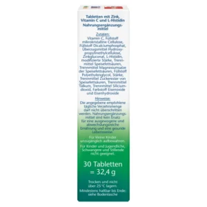 Странична страна на кутията „Допелхерц актив Цинк + Хистидин + Витамин C“ с изписани помощни съставки (микрокристална целулоза, дикалциев фосфат, HPMC, PVP, цинков глюконат, L-хистидин, модифицирано нишесте, антислепващи агенти и др.), предупреждения да не се превишава препоръчителната дневна доза, не е заместител на разнообразното хранене, да се пази далеч от деца, не е подходящо за деца/юноши, бременни и кърмещи; 30 таблетки = 32,4 g; съхранение на сухо под 25°C.