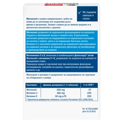 Задната страна на кутията описва, че продуктът не съдържа лактоза и глутен и че магнезият е важен макроелемент. Посочени са ползите за мускулите (вкл. сърцето), костите и зъбите, белтъчния синтез, нервната система, метаболизма и енергийното производство, както и антиоксидантната защита от витамини C и E. Таблица за 1 таблетка: Магнезий 250 mg (67% ХРС), Витамин C 180 mg (225% ХРС), Витамин E 30 mg α-TE (250% ХРС).