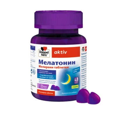 Лилава опаковка „Doppelherz aktiv Мелатонин – Желирани таблетки“, 40 броя; съдържа 1 mg мелатонин и екстракт от лайка, подходящо за вегани; препоръка „1 таблетка вечер“.